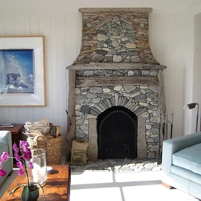 Rustic Driftwood and Stone Fireplace