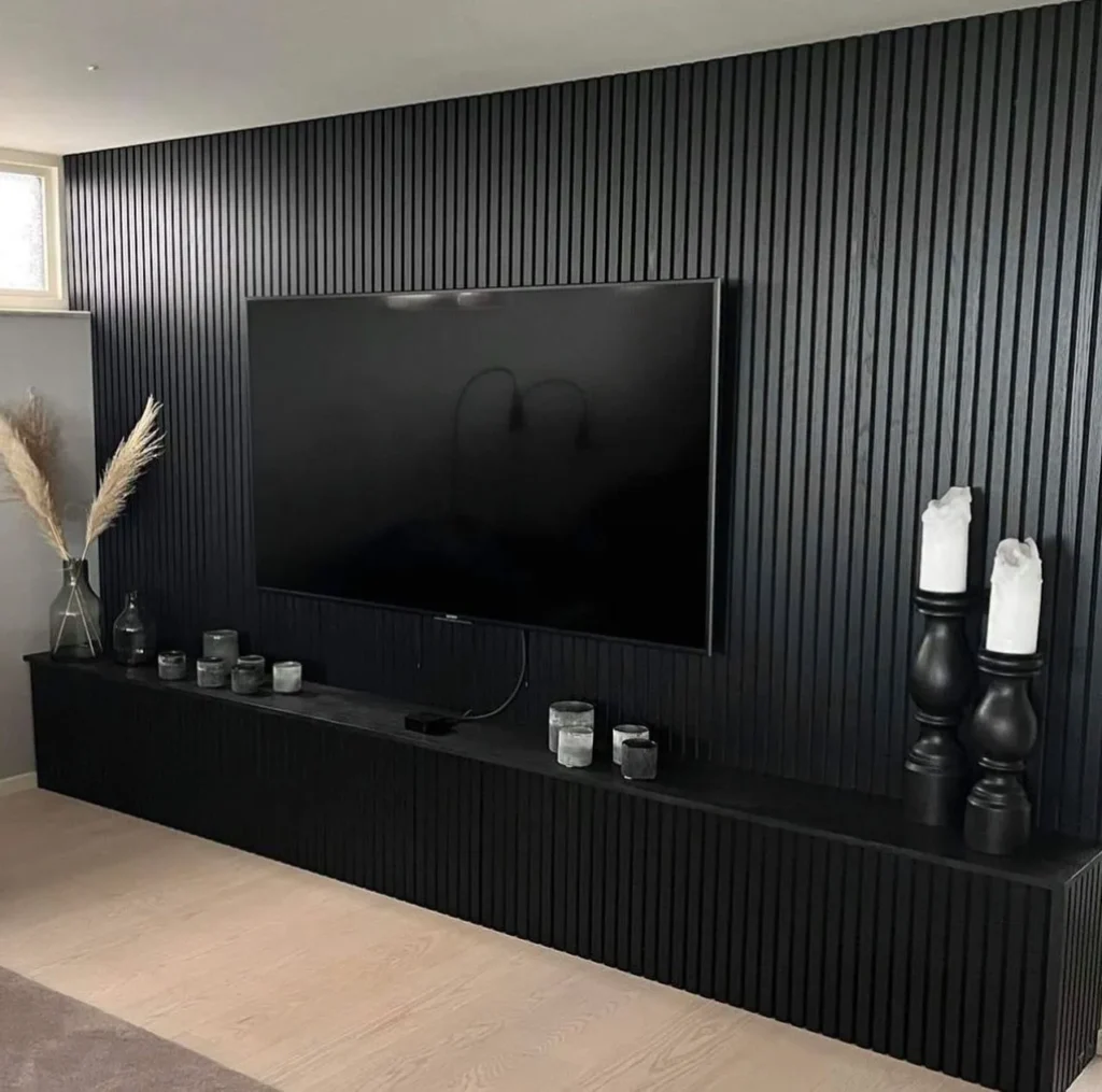 Sleek Black TV Wall with Vertical Paneling