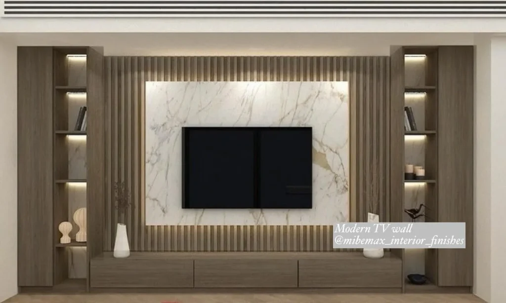 Contemporary TV Wall with Marble and Wood Accents

