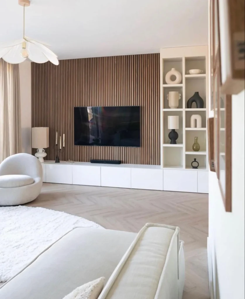 Modern Wood Slat TV Wall with Minimalist Shelving