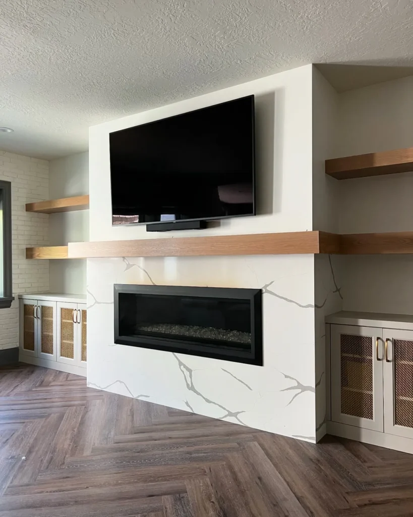 Modern DIY TV Wall with Floating Shelves and Fireplace